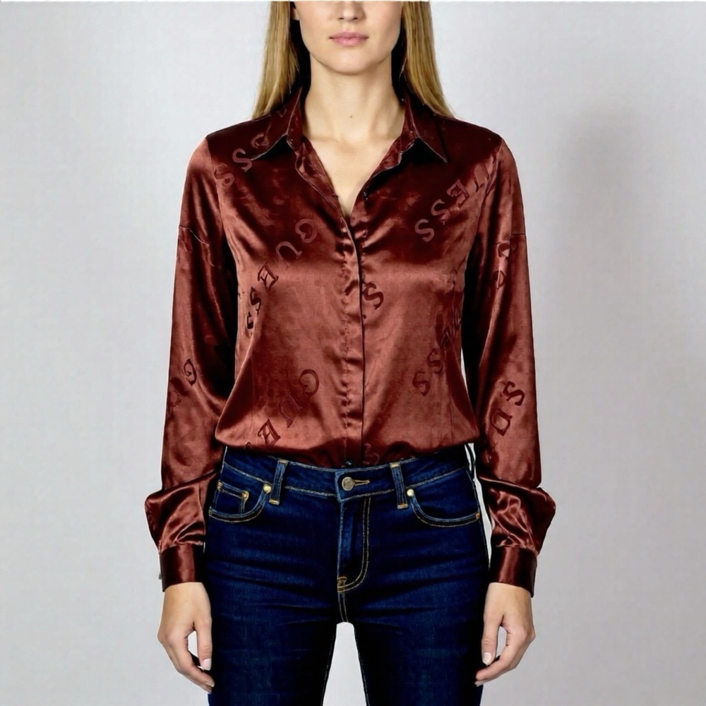 Guess Satin Logo Bronze Brown Blouse Long Sleeve Button Up Size XS Classic Elega